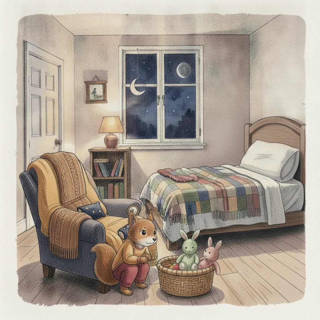 Illustration for page 9: Aurelia carried the bunnies toward the toy basket to make more room.