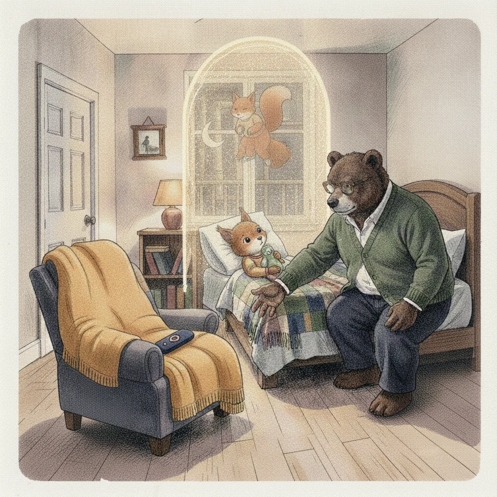 Illustration for page 11: Daddy kept telling the story. Aurelia listened beneath her blanket.