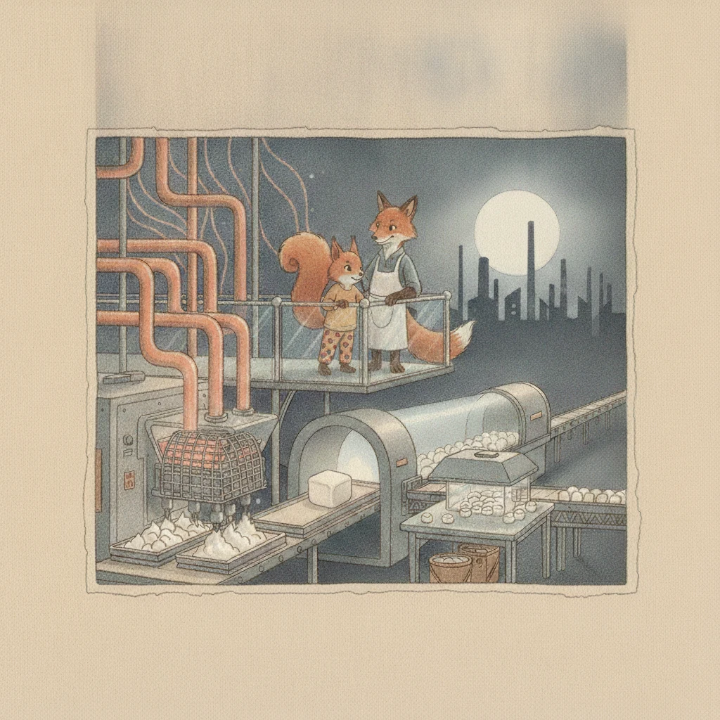 Illustration for page 12: Aurelia’s dream brought the guarded factory line to life.